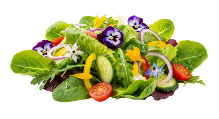 Vibrant, fresh garden salad bursting with colorful edible flowers, crisp lettuce, juicy tomatoes, and refreshing cucumber, perfect for healthy eating inspiration.