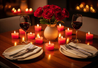 Candlelight Valentine Dinner Romantic Table Setup Red Roses Heart Candles Sustainable Napkins Biodegradable Plates Green Holiday Meal Organic Wine Compostable Cutlery Earth-Friendly Festive Date Night