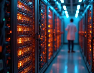 Server room with scientist. Data center containing computer servers. Man works in datacenter. Tech expert inspects server hardware. Internet hosting provider. Data science provides computing service.
