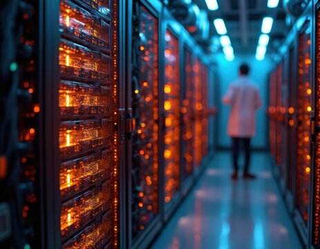 Server room with scientist. Data center containing computer servers. Man works in datacenter. Tech expert inspects server hardware. Internet hosting provider. Data science provides computing service.
