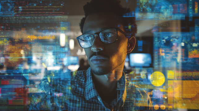 College student using virtual AI artificial intelligence technology & machine learning. Interactive technology in uni classroom. Innovation & smart tech. AI hologram in education & gaming. futuristic	