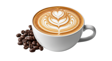 Savor the rich aroma and exquisite latte art of a perfectly crafted cappuccino, a delightful morning ritual or afternoon indulgence, complete with roasted beans.