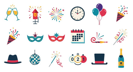 Fototapeta premium Modern New Year's Eve Icon Collection with Geometric Colored Vector Silhouettes.svg