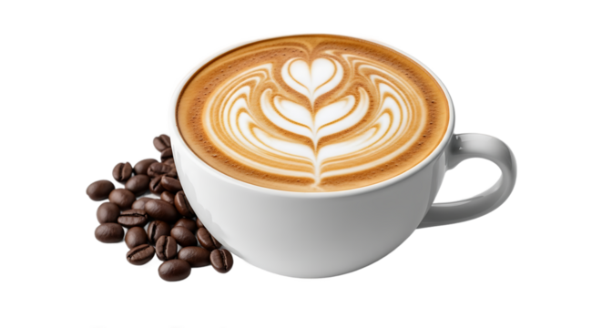 Savor the rich aroma and exquisite latte art of a perfectly crafted cappuccino, a delightful morning ritual or afternoon indulgence, complete with roasted beans.