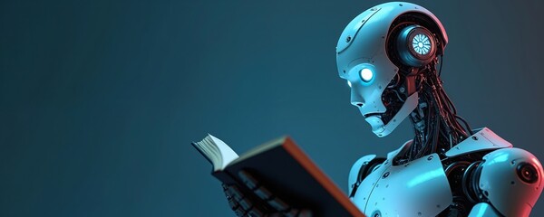 Futuristic robot reads an open book. Advanced android gains knowledge from literature. Machine intelligence learns. Blue background, copy space.