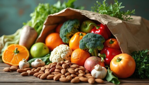 Brown paper bag overflows with fresh fruits, vegetables like apples oranges broccoli cauliflower garlic almonds. Healthy food assortment on wooden table, vibrant colors, natural ingredients, organic - Powered by Adobe