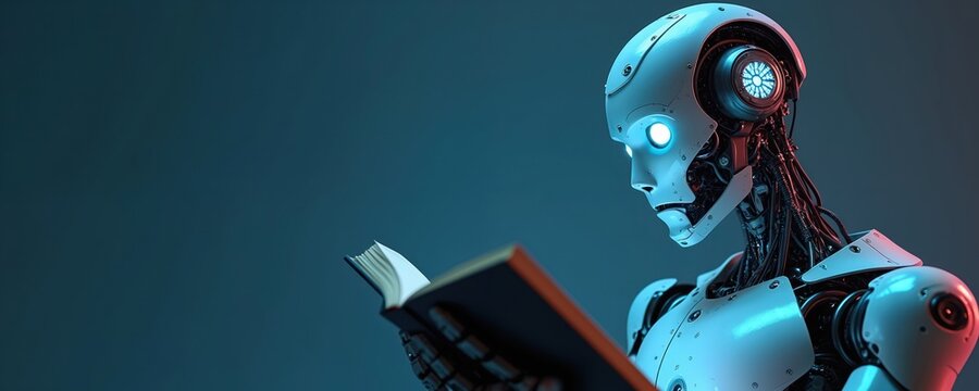 Futuristic robot reads an open book. Advanced android gains knowledge from literature. Machine intelligence learns. Blue background, copy space.