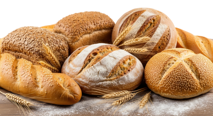 Artisan bakery delights showcase a rustic assortment of freshly baked breads, crusty loaves, and golden grains, perfect for culinary inspiration and food advertising.