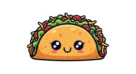 Cute Taco Cartoon Character with Smiling Face and Toppings.