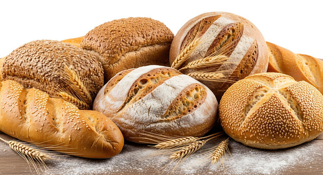 Artisan bakery delights showcase a rustic assortment of freshly baked breads, crusty loaves, and golden grains, perfect for culinary inspiration and food advertising.