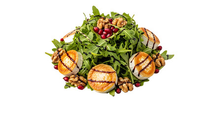 Fototapeta premium Indulge in a gourmet arugula salad featuring perfectly grilled goat cheese rounds, crunchy walnuts, and vibrant pomegranate seeds drizzled with rich balsamic glaze a delicious delight.