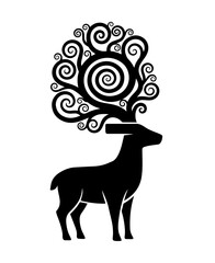 A stylized black silhouette of a majestic deer stands in profile, its antlers blooming into an elaborate, circular canopy of hypnotic spirals and ornate swirls that blend nature with abstract art