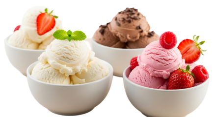 Indulge in refreshing scoops of creamy vanilla, rich chocolate, and vibrant strawberry ice cream adorned with fresh fruit and mint for a delightful summer treat.