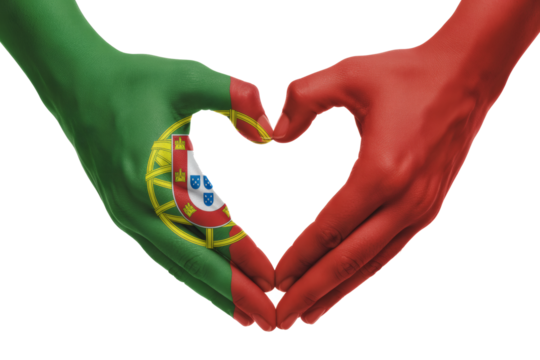 Hands painted with the Portugal flag forming a heart shape expressing love for the country and national pride with transparent background - Powered by Adobe