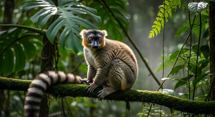 Obraz premium Lemur Perched on Branch in Lush Rainforest.