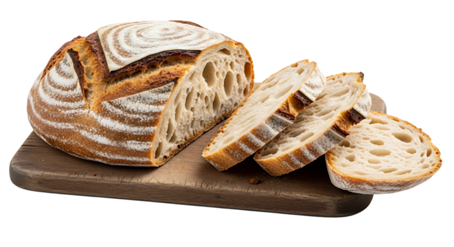 Delicious artisan sourdough bread, freshly baked and sliced, showcasing its airy crumb and golden crust, perfect for gourmet meals and healthy eating.
