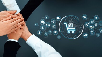 A diverse group of hands stacks in support, enhanced by digital icons representing AI and e-commerce, illustrating modern business collaboration and future innovations. Raster