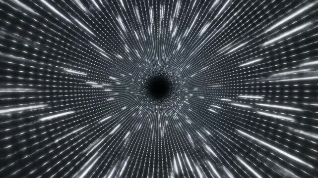 4k, A computer-generated tunnel visualization featuring radiating lines converging towards a dark center point, shot with a wide-angle lens creating a sense of depth and