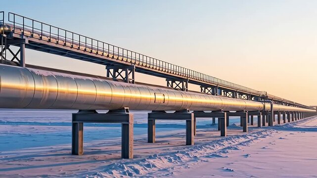 Industrial pipeline traversing a vast, snow-covered expanse, highlighting the critical infrastructure for energy transportation in challenging winter environments