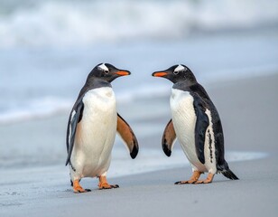 Obraz premium 해변에서 마주 선 두 펭귄의 자연스러운 순간 Two Penguins Standing Face to Face on the Beach