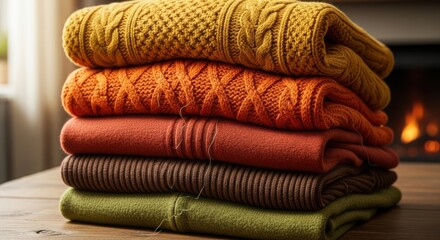 Cozy stack of diverse knit sweaters in warm autumn shades of mustard, orange, rust, brown, and olive, neatly folded on a wooden table. illustration