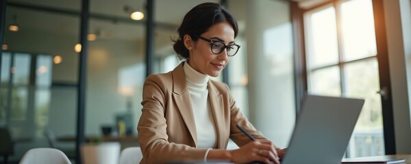Businesswoman in glasses works on laptop in modern office with natural light. Female pro writes in notepad, analyses data. She wears a tan jacket over a white turtleneck.