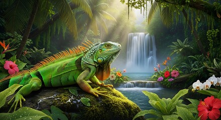 Iguana basking in the sun near a tropical waterfall.