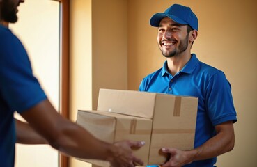 Smiling delivery man in blue uniform cap hands parcels to client at door. Young male courier gives cardboard boxes to customer. Logistic service worker provides quick home shipping of goods to buyer.
