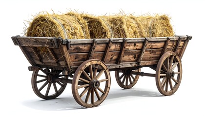 Wooden wagon filled with golden hay bales, isolated on white backdrop