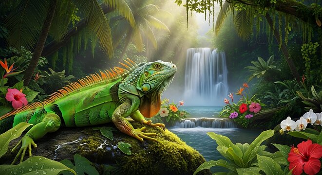 Iguana basking in the sun near a tropical waterfall.