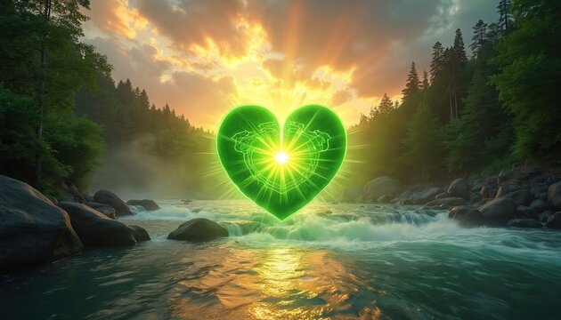 Glowing green heart chakra symbol floats above the river during sunset. Forest and mountain nature scene symbolizes love, energy, harmony, peace. Concept for eco, mindfullness, health and relax.