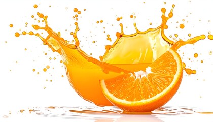 Vibrant splash of orange juice with a slice of orange, isolated on white background