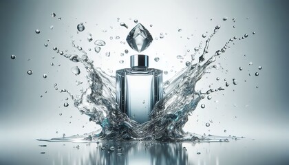 Elegant perfume bottle with a diamond stopper surrounded by a dynamic water splash creating a fresh, clean, and luxurious presentation for beauty brands