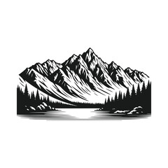 Fototapeta premium Mountain Landscape Silhouette Vector. Black and white nature illustration collection with lake, forest, and rocky peaks for outdoor adventure logo.
