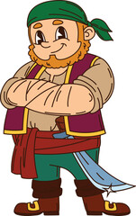 Corsair pirate crew strong sailor cartoon character. Cheerful pirate fighter character, corsair sailor isolated vector mascot. Filibuster personage standing with crossed hands and sword in belt