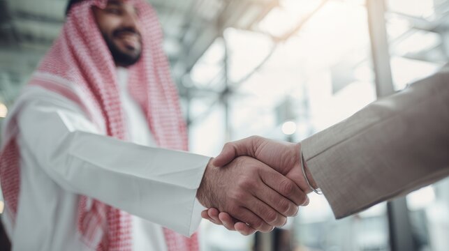 Successful Arab businessman shaking hands on a global deal in modern office showing collaboration, trust, and partnership for business growth and investment