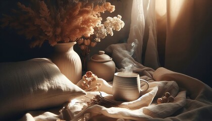 Cozy morning coffee scene with steam and neutral tones evokes warmth and relaxation, perfect for wellness blogs, home decor, and calm lifestyle content