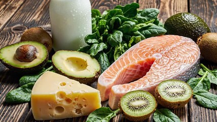 Nutrient-Rich Foods 4K Display Colorful Composition of Salmon, Dairy, Greens, and Avocados