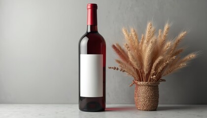 Elegant red wine bottle with blank label sits on marble table beside dried wheat bouquet. Minimal studio setup offers clean backdrop for product mockup.