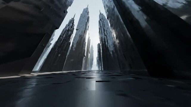A 4k, low-angle shot captures futuristic monolith structures standing tall against a bright light source, set against a metallic-textured floor in a monochromatic,