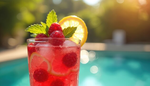 Vibrant red berry lemonade with fresh lemon slices, mint leaves, ice sits poolside in warm sunlight. Refreshing cold summer drink perfect for hot days. Provides cool beverage experience at sunny
