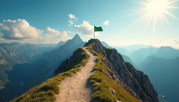 Winding dirt path ascends mountain peak with green flag. Vast scenic landscape distant mountains, deep valleys below. Bright sun shines in clear blue sky with white clouds. Powerful image represents - Powered by Adobe