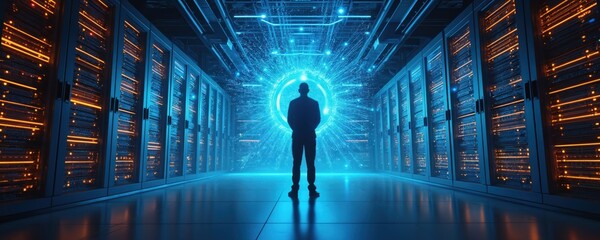 Silhouette of person stands in server room. Data center with glowing neon lights, racks. Concept of big data analytics storage, cyber security solutions, cloud computing services. Engineer supervises