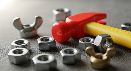 Shiny metal nuts and toy hammer laying on gray textured background