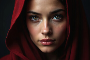 Naklejka premium Young woman wears red hood looking intensely. Portrait shot shows her striking eyes makeup. Mysterious female with soft lips, detailed skin texture.