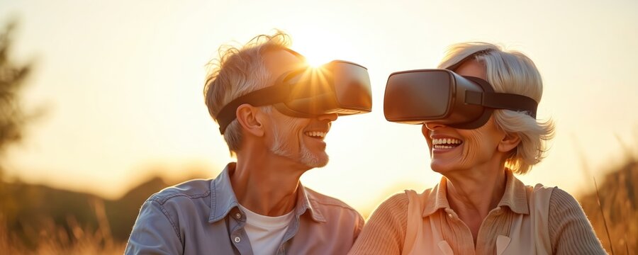 Happy senior couple wears VR headsets. They laugh, share virtual experience outdoors. Old man and woman explore digital world together at sunset. Elderly people enjoy modern tech and digital fun.