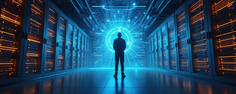 Silhouette of person stands in server room. Data center with glowing neon lights, racks. Concept of big data analytics storage, cyber security solutions, cloud computing services. Engineer supervises