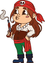 Girl kid pirate fighter cartoon happy character. Filibuster pirate crew boatswain happy mascot, corsair skipper cute vector character. Kid fighter cheerful personage blowing on flintlock pistol