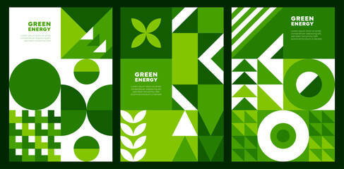 Green energy environment posters with geometric patterns. Ecology banners about sustainability. Environmental awareness with modern modular mosaic motif. Vector cover or layout vertical templates