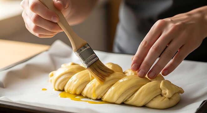 Application of Egg Wash on Braided Dough for Golden Crust Texture